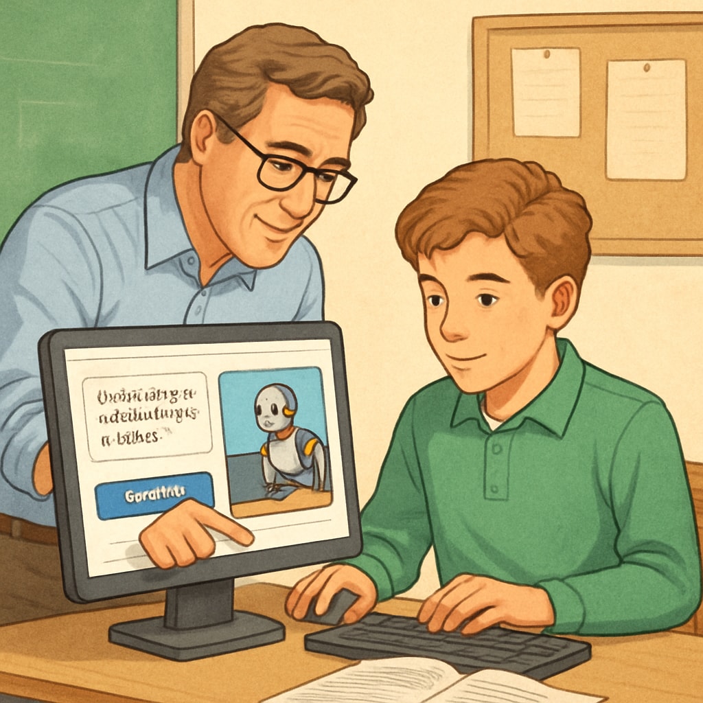 Teacher and student working together with AI tools in an educational setting.