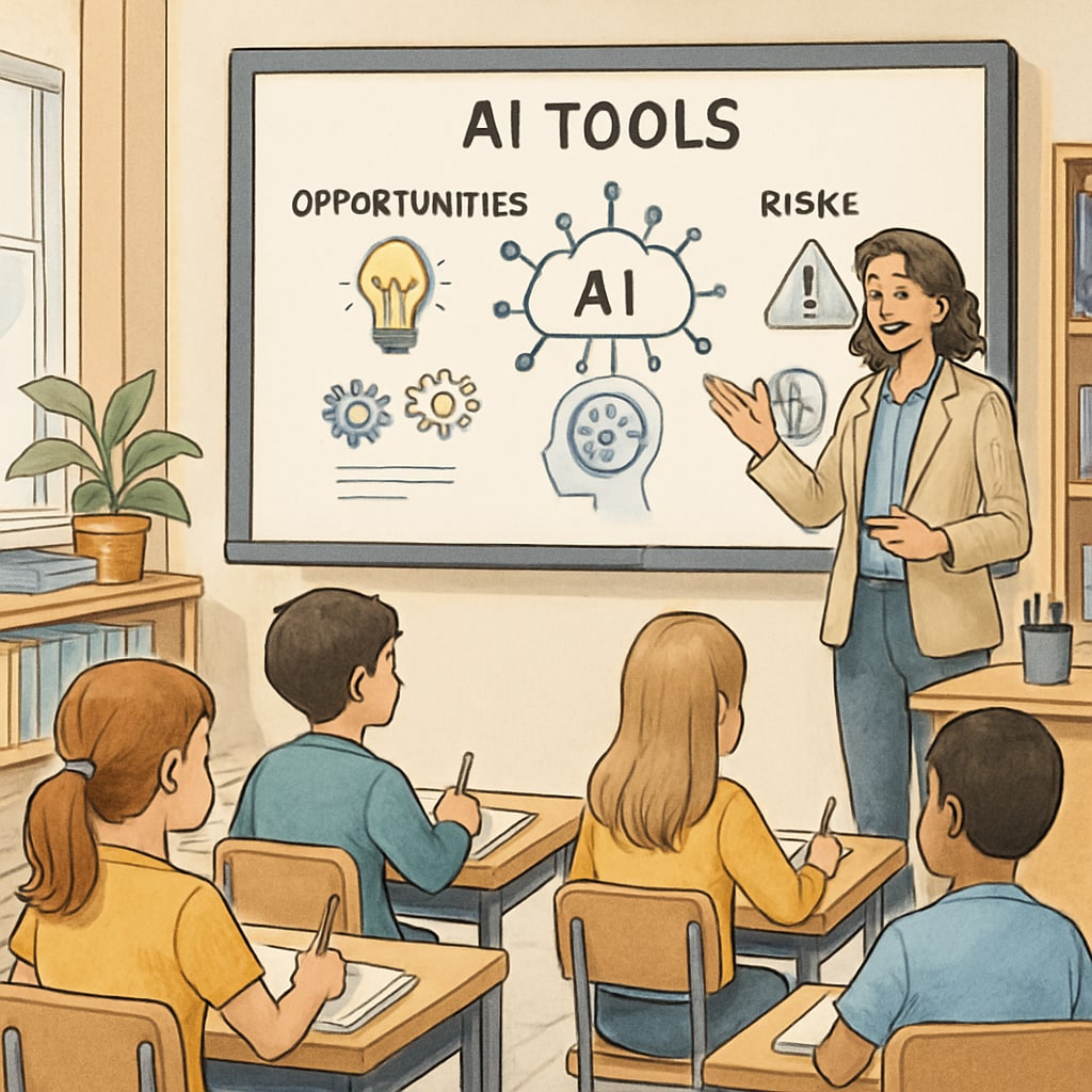 A classroom setting with a teacher explaining AI tools to students on a smartboard, highlighting both opportunities and risks. A teacher explaining AI tools to students in a classroom, connecting to the topic of academic integrity.
