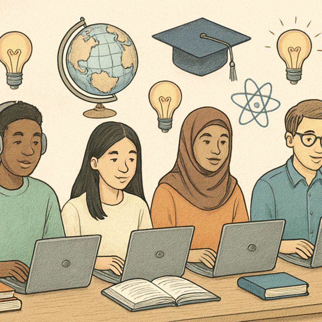 A diverse group of international students studying online, symbolizing access to education for all. Diverse international students using laptops to study for online high school diplomas.