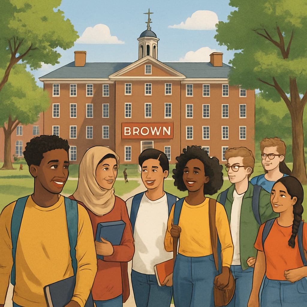 A diverse group of students walking on Brown University's campus, representing inclusivity and diversity. Brown University campus with a diverse group of students symbolizing inclusivity.