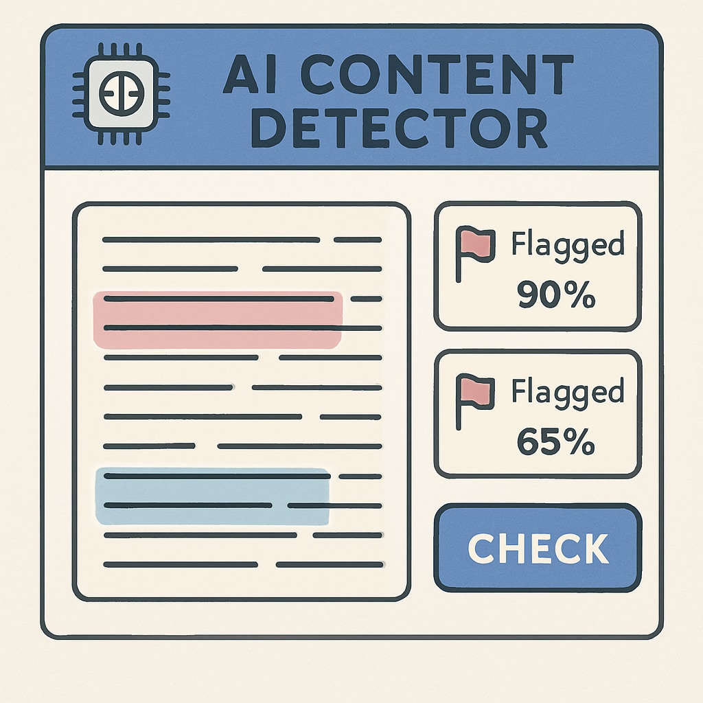 A visual representation of an AI content detection tool interface, showing flagged content and confidence scores. An AI content detection tool interface detecting student submissions for academic integrity checks.