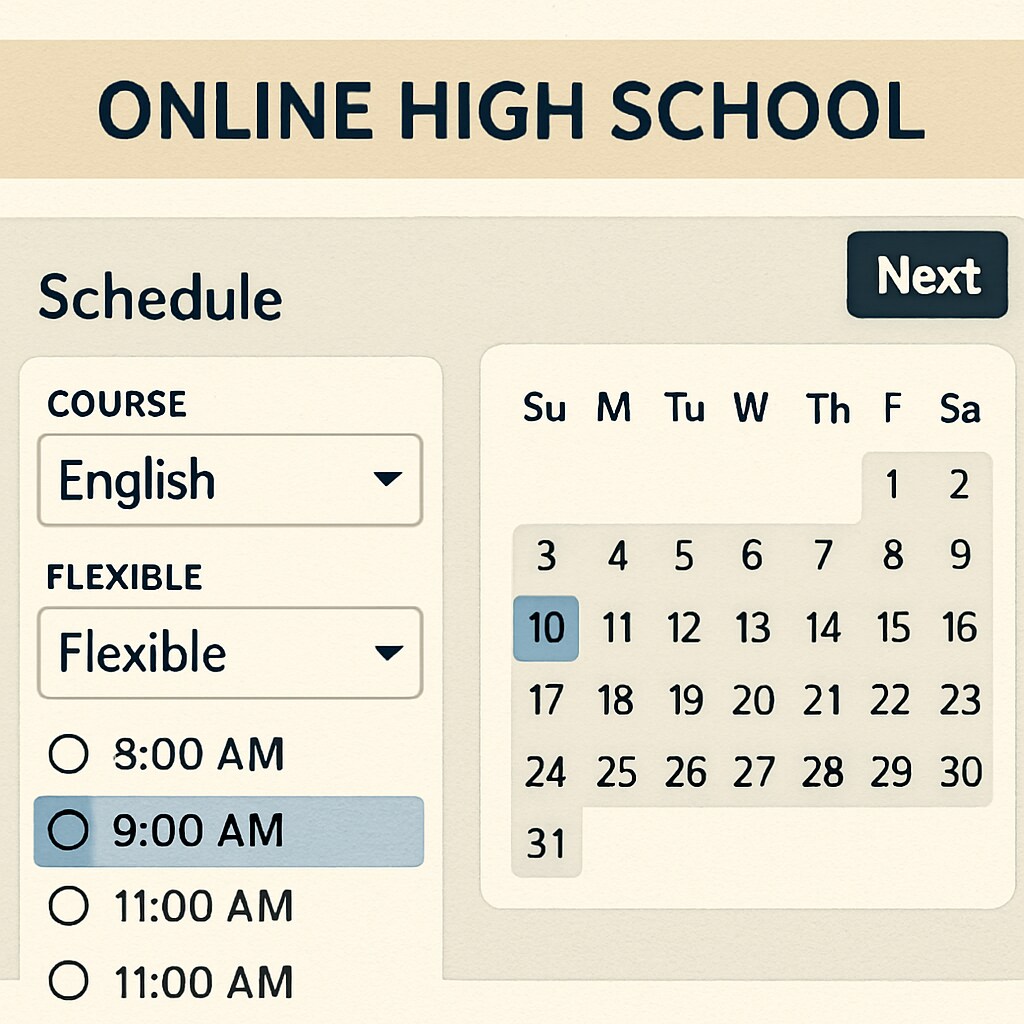 A screenshot of an online high school dashboard showing flexible scheduling options. Online high school dashboard with options for self-paced classes and flexible scheduling.