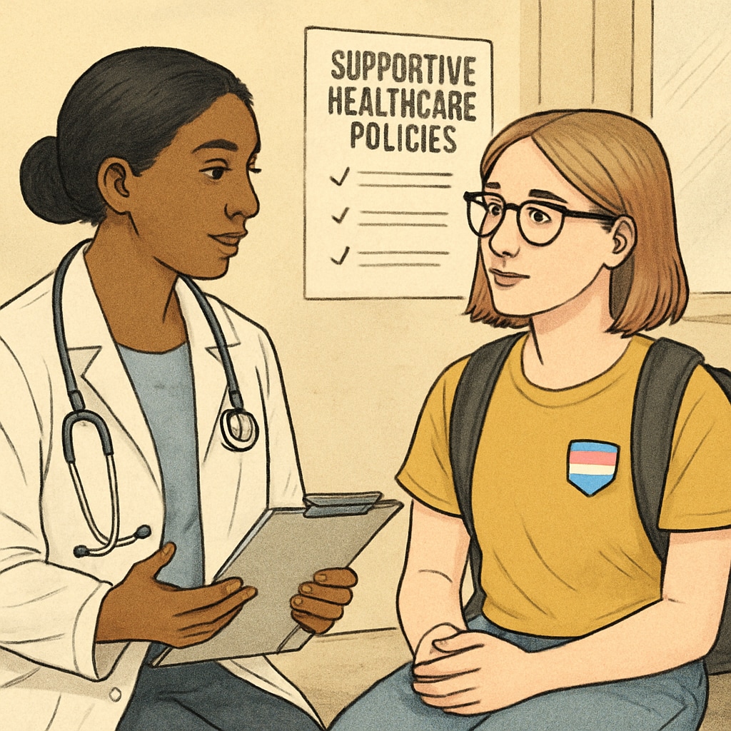 A healthcare professional consulting a transgender student in a clinic, symbolizing supportive healthcare policies. A healthcare professional providing gender-affirming care to a transgender student.