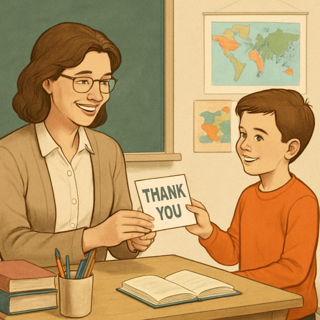 A teacher receiving a heartfelt thank-you note from a student in a classroom setting. A teacher receiving a heartfelt thank-you note, symbolizing student gratitude and mutual respect.