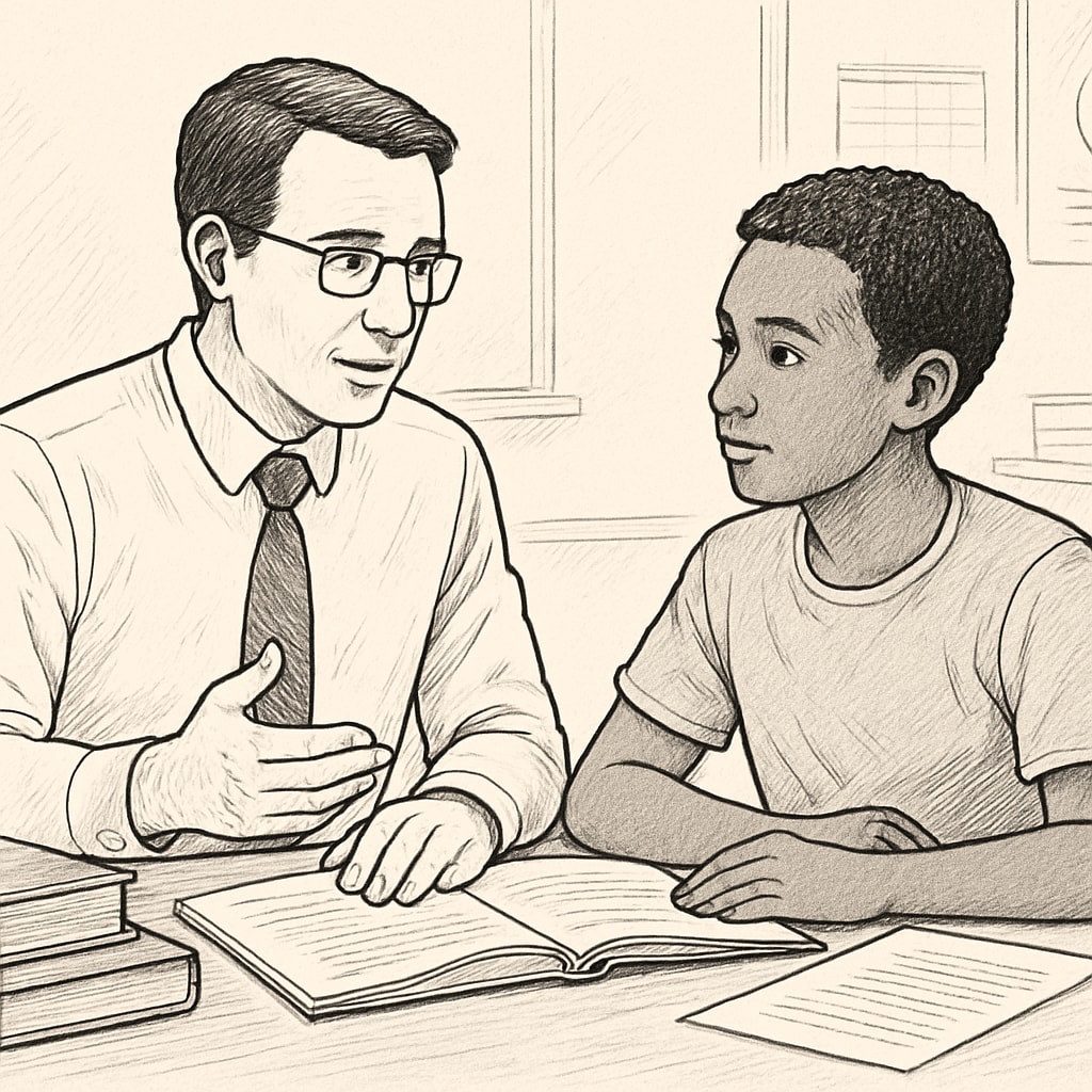 A teacher engaging in a one-on-one discussion with a student, fostering mutual respect and understanding. A teacher interacting with a student, emphasizing listening and respect in education.