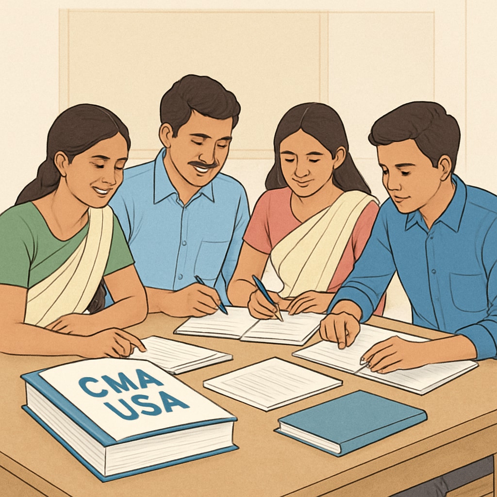 Students in Kerala collaborating with CMA USA resources for career growth.