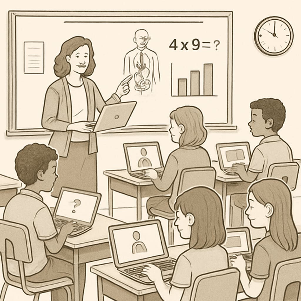 A classroom of students using Chromebooks to complete an interactive lesson. Students engaging with interactive lessons on Chromebooks in a modern classroom.