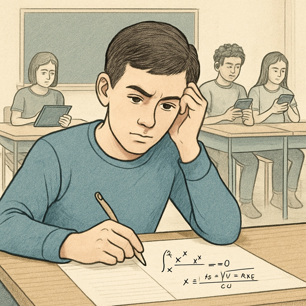 A thoughtful student pondering a complex problem, contrasting with others using devices for quick answers. A student deeply thinking about a problem while others rely on devices for quick solutions.