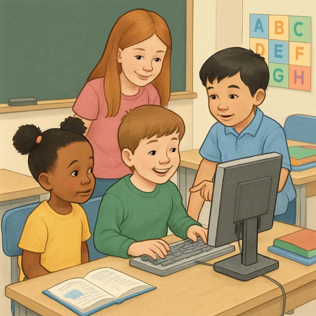 A group of kindergarten and fourth-grade students working together on a computer-based project, showcasing collaboration and learning. Kindergarten and fourth-grade students collaborating on a computer-based learning activity.