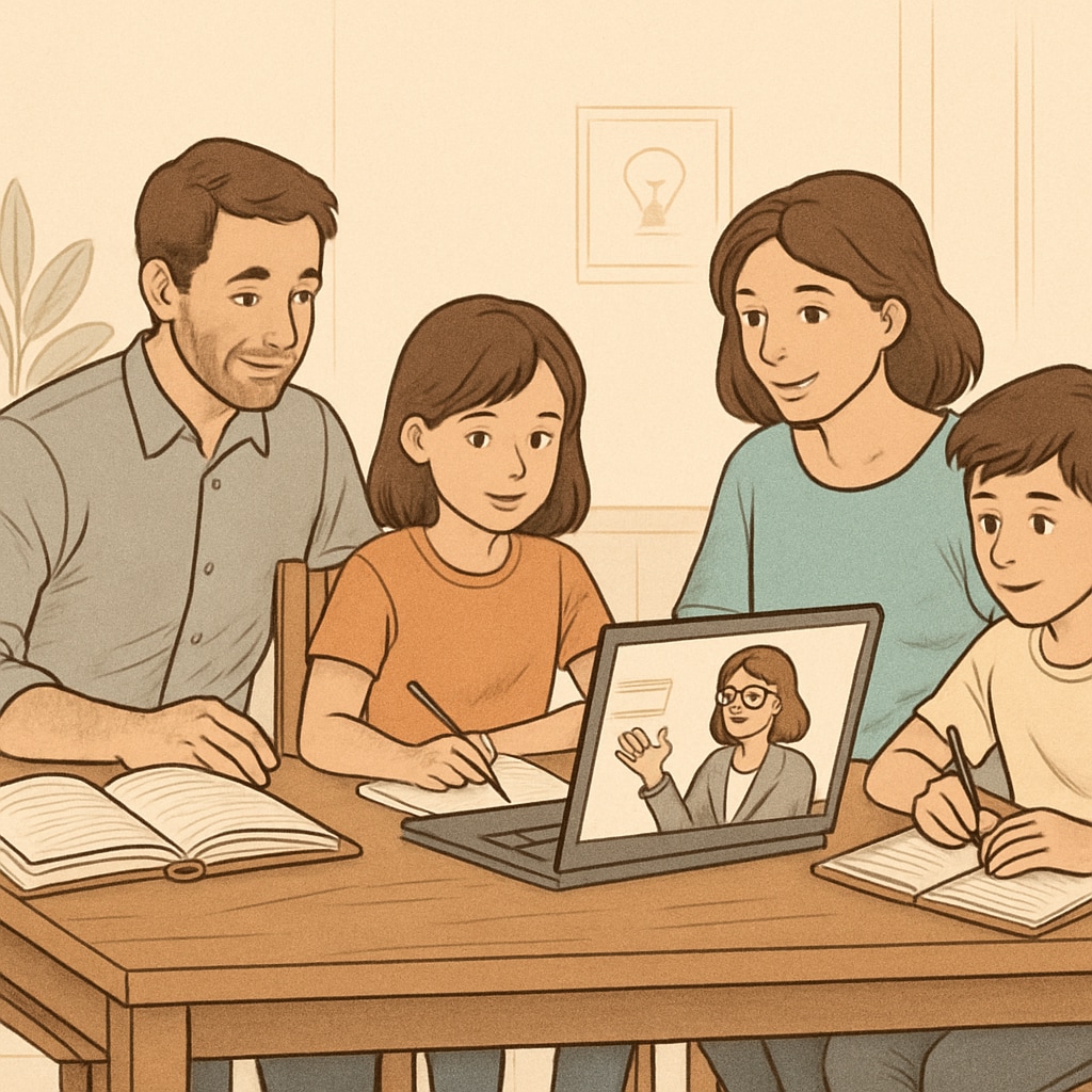 A child attending an online public education class, with family support.