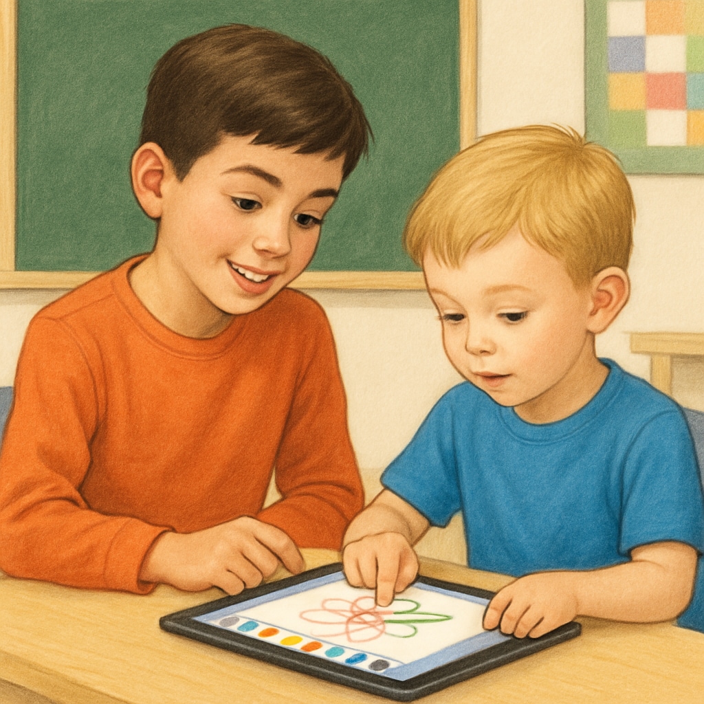 A close-up of a fourth-grader teaching a kindergartener how to use a drawing app on a tablet, highlighting mentorship and skill-building. Fourth-grader mentoring a kindergartener on using a drawing app for learning.