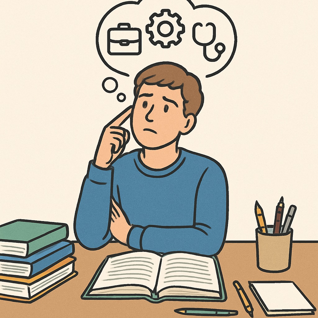 A high school student sitting at a desk surrounded by textbooks, appearing deep in thought about career options. High school student considering university major choices.