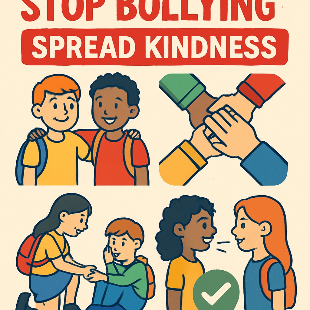 A school poster emphasizing anti-bullying policies and promoting kindness among students. The image highlights the importance of communicating anti-bullying messages effectively. Anti-bullying poster promoting kindness and inclusivity in schools.