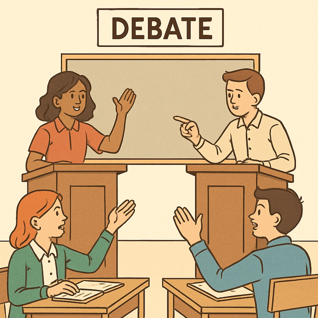 Students participating in a debate competition, highlighting extracurricular engagement. Students engaging in debate competition as part of extracurricular activities.