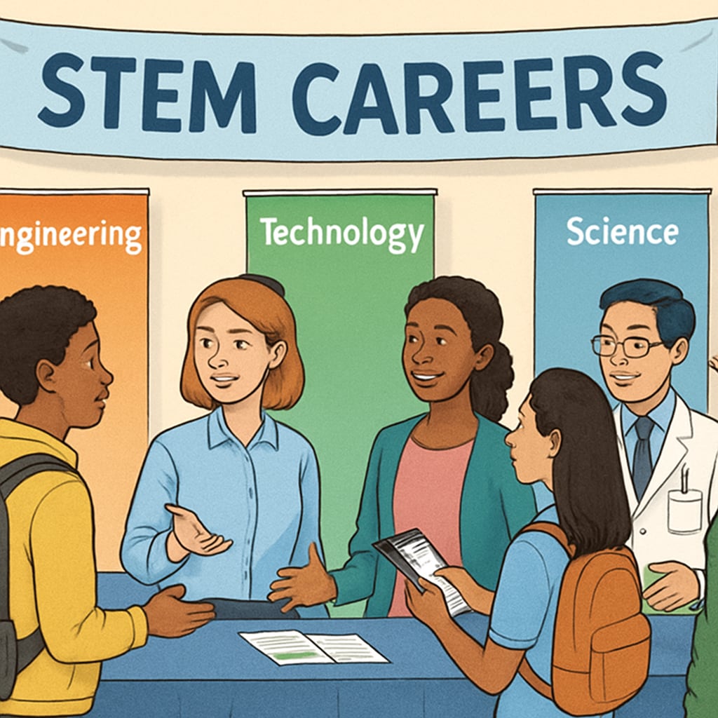 A group of students attending a career fair, speaking with representatives from STEM-related fields. Students exploring STEM career opportunities at a career fair.