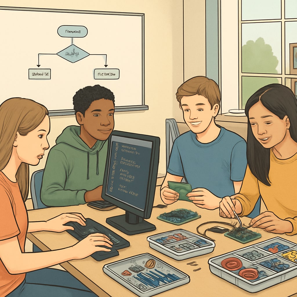 A modern classroom where teens are learning programming and engineering skills, showcasing the tools of both disciplines. Teens learning programming and engineering skills in a modern tech classroom.