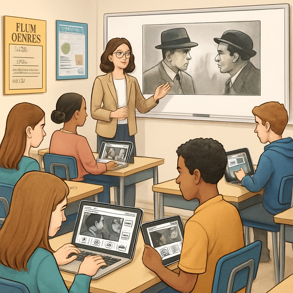 A high school classroom setting where students are analyzing films using AI-powered tools. High school students analyzing films with AI writing prompts for media literacy.