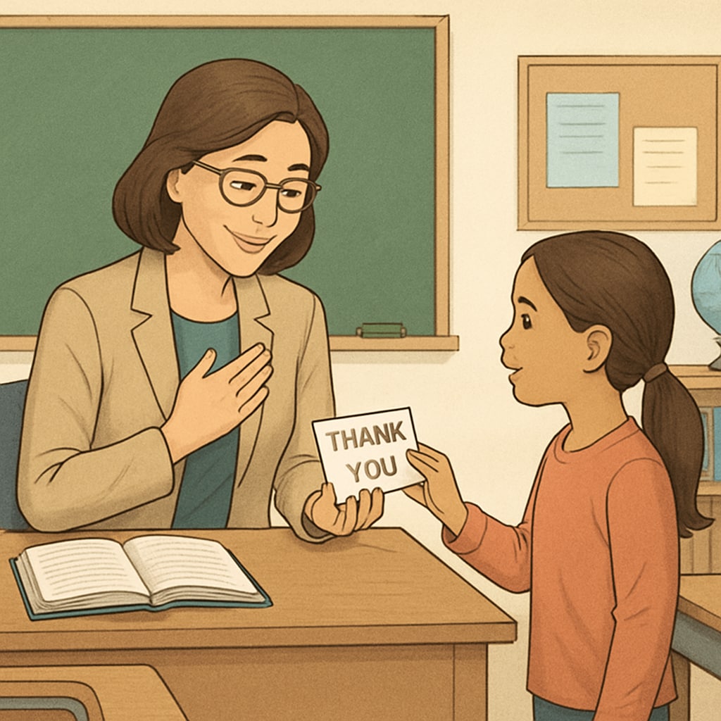 Teacher receiving a thank-you note from a student, emphasizing gratitude in education.