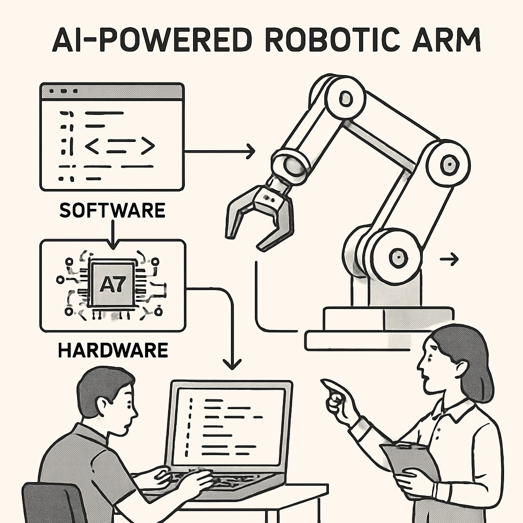 An AI-powered robotic arm being designed and coded by engineers, demonstrating the intersection of programming and engineering. Engineers designing and coding an AI-powered robotic arm.