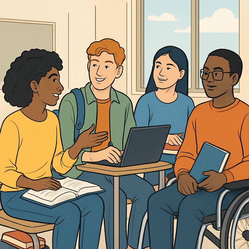 A group of diverse students in a university setting, emphasizing inclusivity and diversity. Diverse students at a university promoting inclusivity.