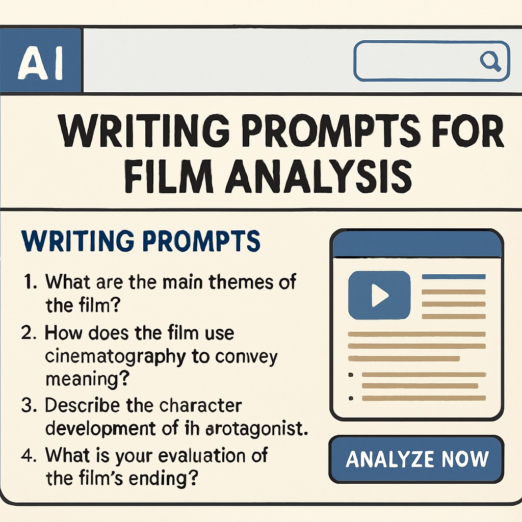 An AI interface showing writing prompts for film analysis tailored for high school students. AI interface with writing prompts for film and media literacy education.