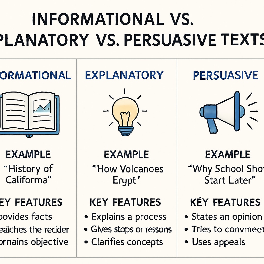 A diagram contrasting informational, explanatory, and persuasive texts, with examples and key features for each category. Diagram showing the differences between informational, explanatory, and persuasive texts.