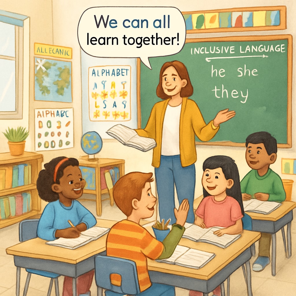 An elementary school classroom with diverse children and a teacher using inclusive language and teaching materials. Inclusive elementary school classroom with diverse students.