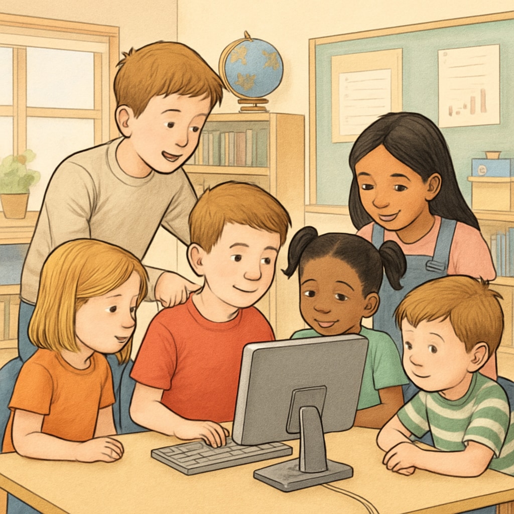 A group of kindergarten and fourth-grade students collaborating on a computer project. The image shows them working together in a classroom setting, fostering teamwork and shared learning experiences. Kindergarten and fourth-grade students collaborating on a computer project to build computer skills and teamwork.