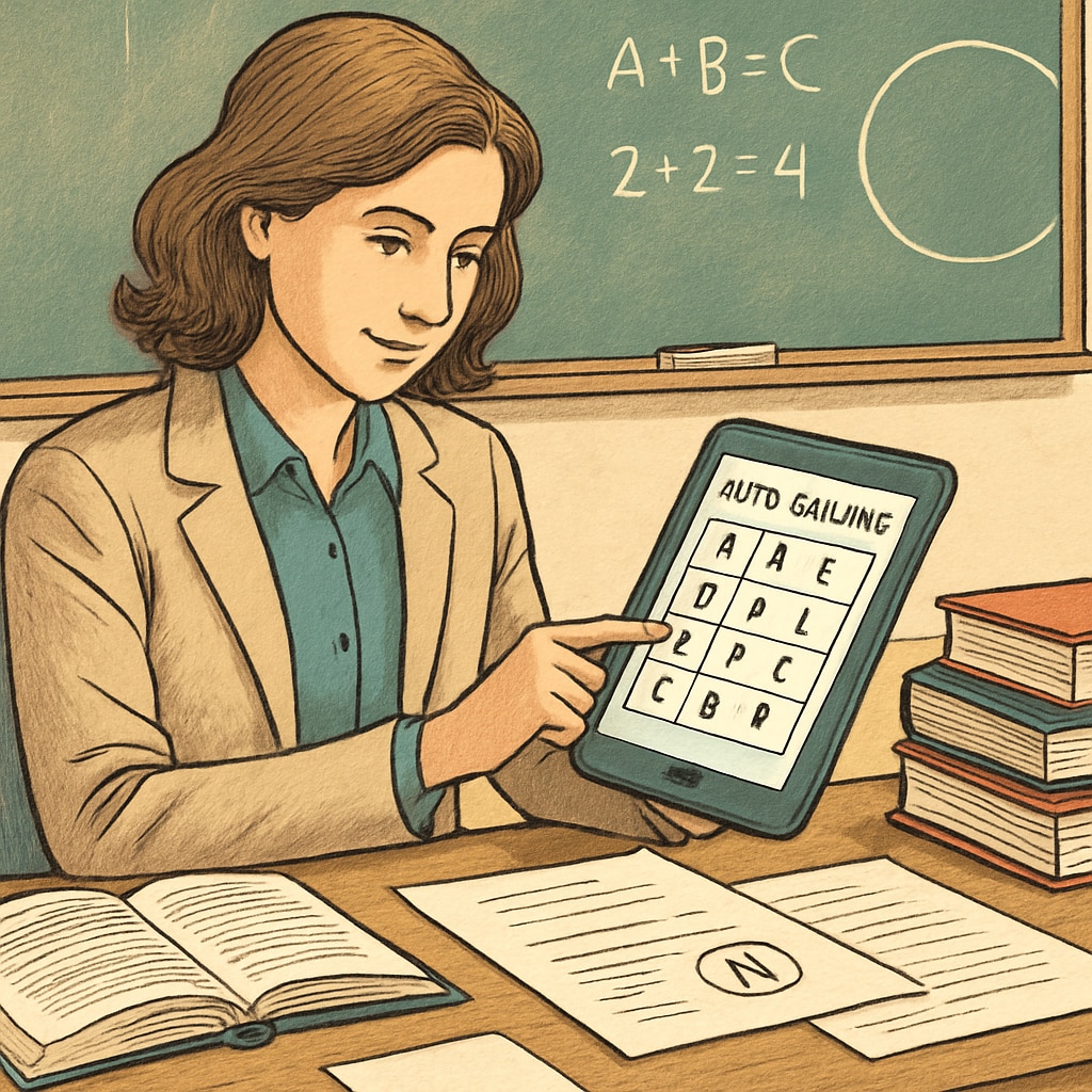 A teacher using a tablet for automated grading, symbolizing technology in education. Teacher using EdChanger Pro for automated grading in a classroom.