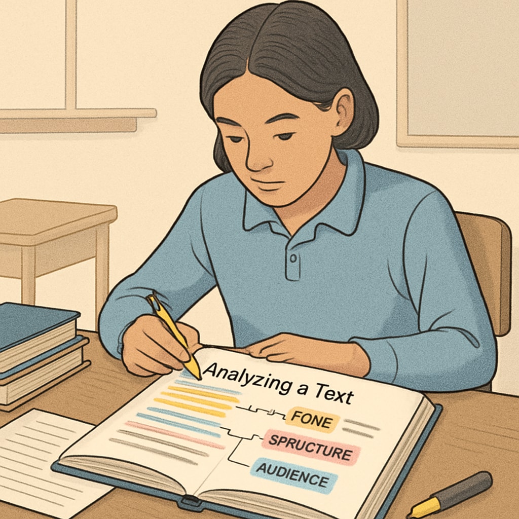 A student analyzing a text with highlighted sections indicating tone, structure, and audience focus. Student identifying text purpose by analyzing tone, structure, and audience focus.