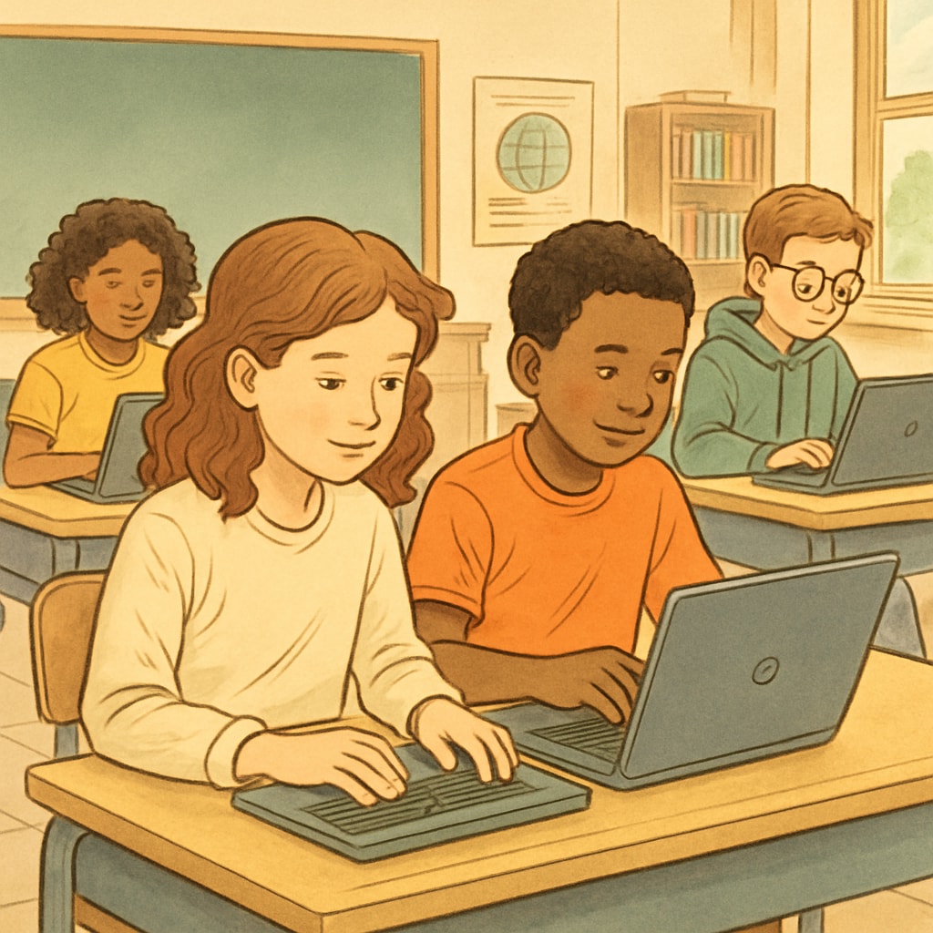 A classroom setting featuring students using Chromebooks, symbolizing the integration of educational technology. Students using Chromebooks in a classroom setting, representing EdTech and critical thinking.