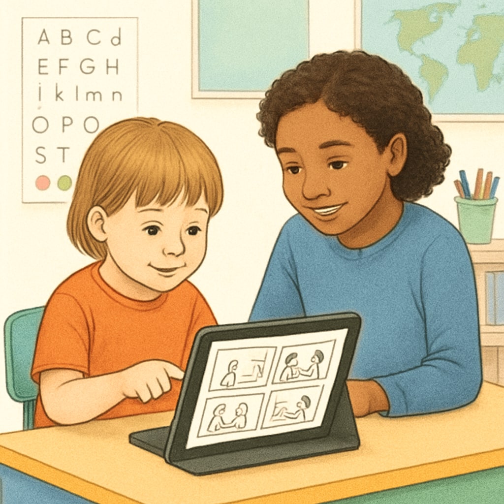 Two students—a kindergartener and a fourth grader—using a tablet to design a digital storyboard together. The image highlights the integration of technology in education and mutual learning. Kindergarten and fourth-grade students designing a digital storyboard as part of a collaborative activity.
