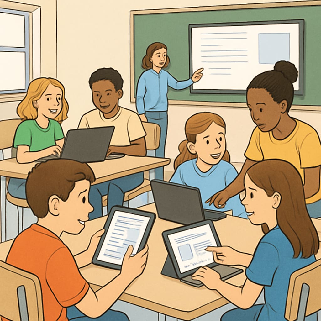 A classroom with students interacting with digital tools, demonstrating collaborative learning. Students engaging with EdChanger Pro’s interactive classroom features.