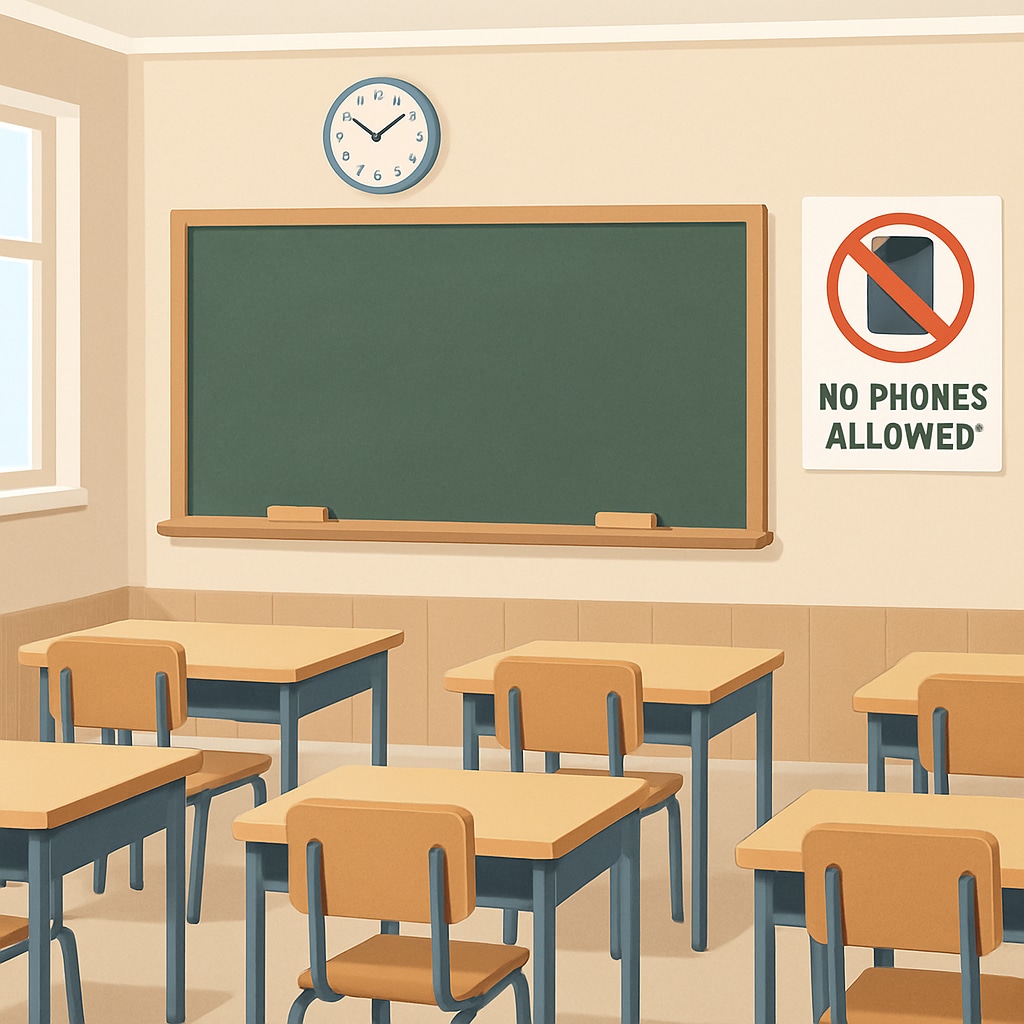 A school classroom with a visible “no phones allowed” poster on the wall, symbolizing the implementation of phone bans. Classroom with a “no phones allowed” poster highlighting school phone policies.