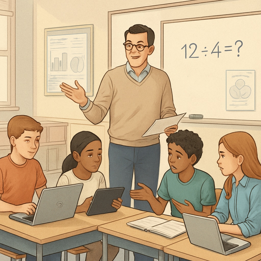 A teacher guiding students in a blended learning environment, combining digital tools with hands-on critical thinking exercises. Teacher and students blending digital tools with traditional critical thinking practices.