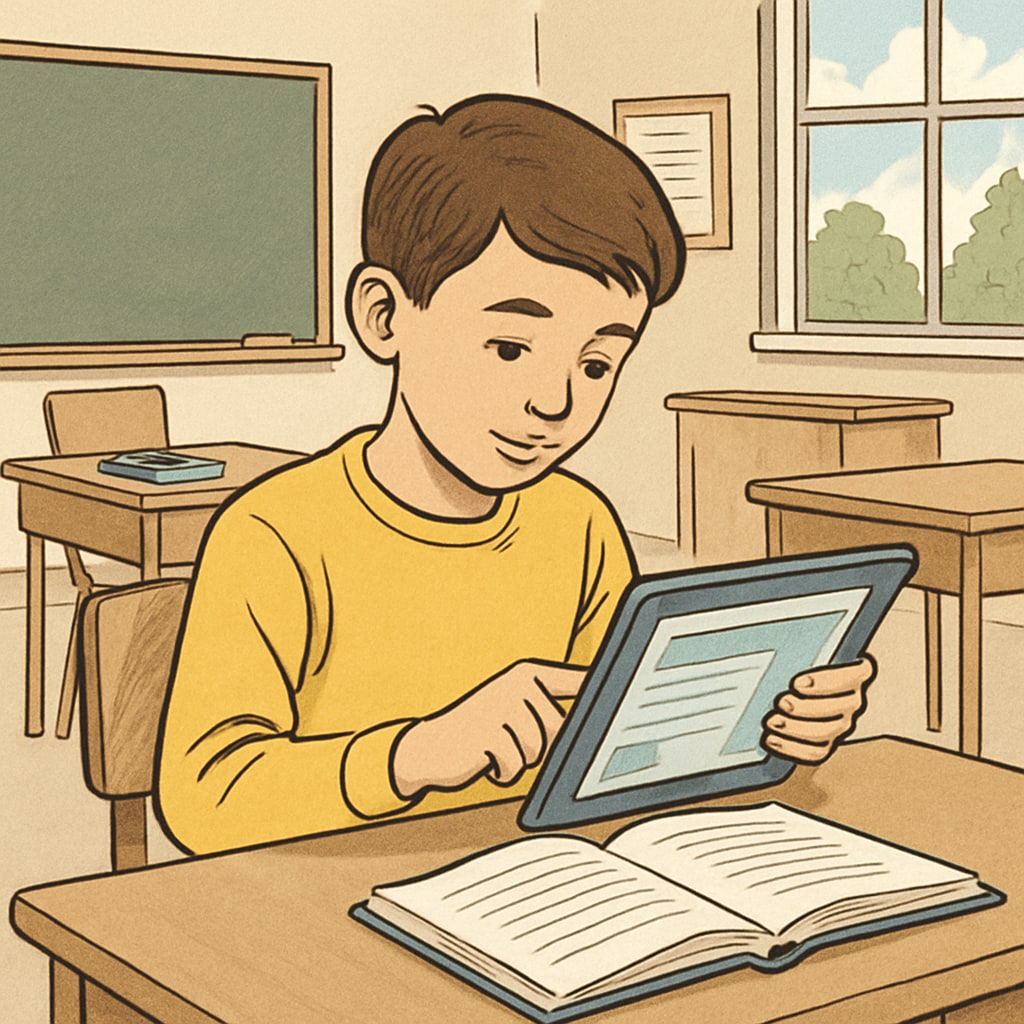 A young student engaging with a tablet during a personalized learning session in a classroom setting. Student exploring effective learning methods using a tablet.
