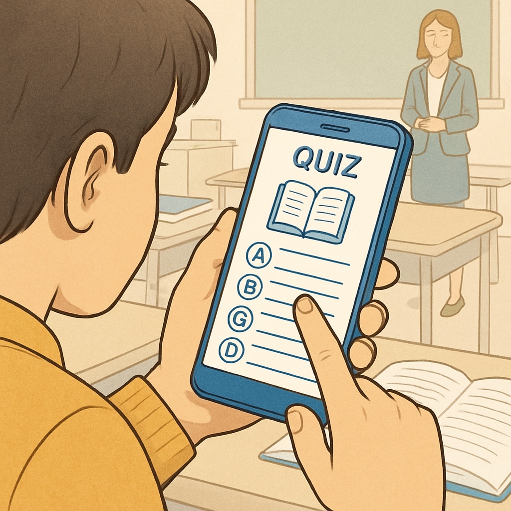 A close-up of a student using an educational app on a smartphone during a supervised classroom activity. Student using educational app on phone during a classroom activity.