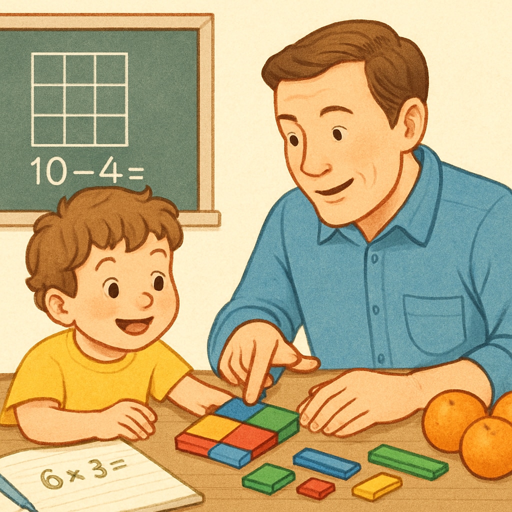 A child solving a fun math puzzle or engaging in a real-world math activity with a parent. Child interacting with a practical math activity, highlighting math education and learning communication.