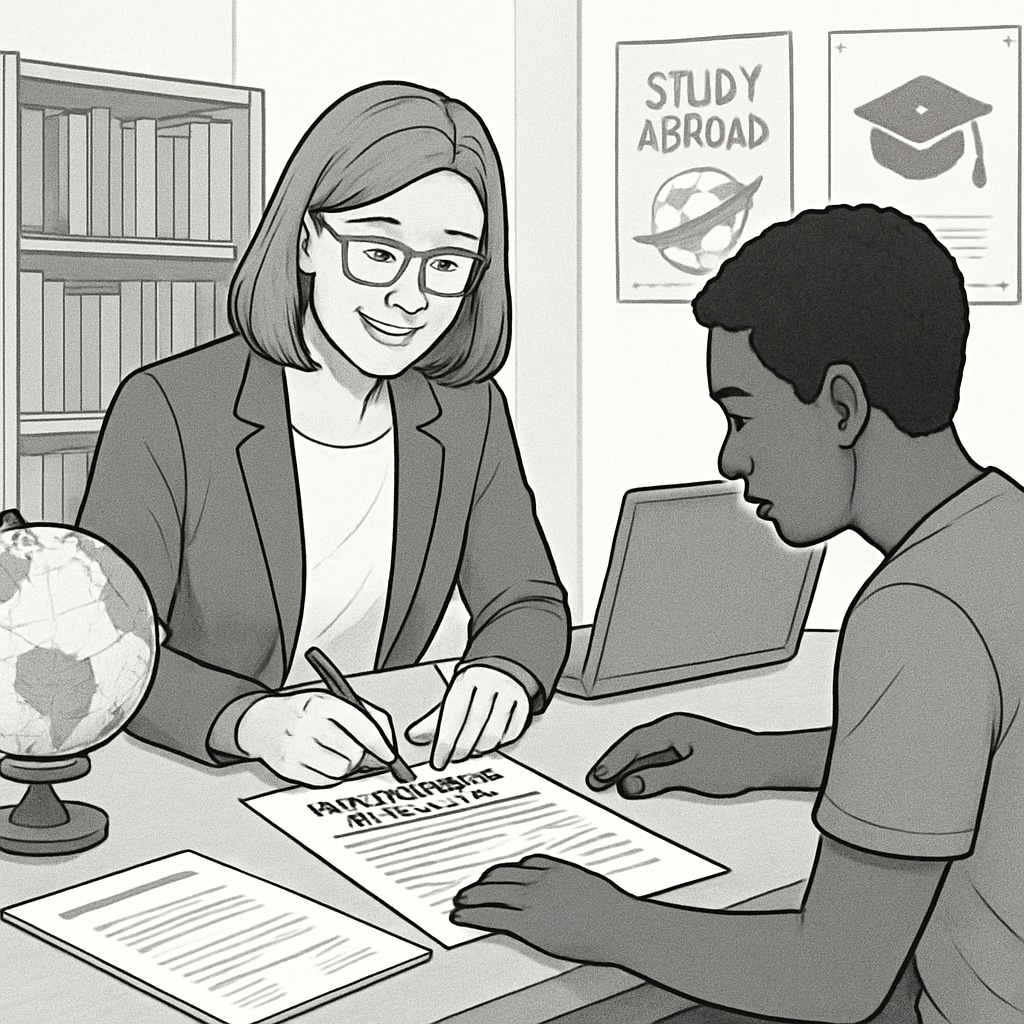 An advisor assisting a student with study abroad applications, emphasizing personalized guidance. Study abroad advisor helping a student with U.S. master's applications.