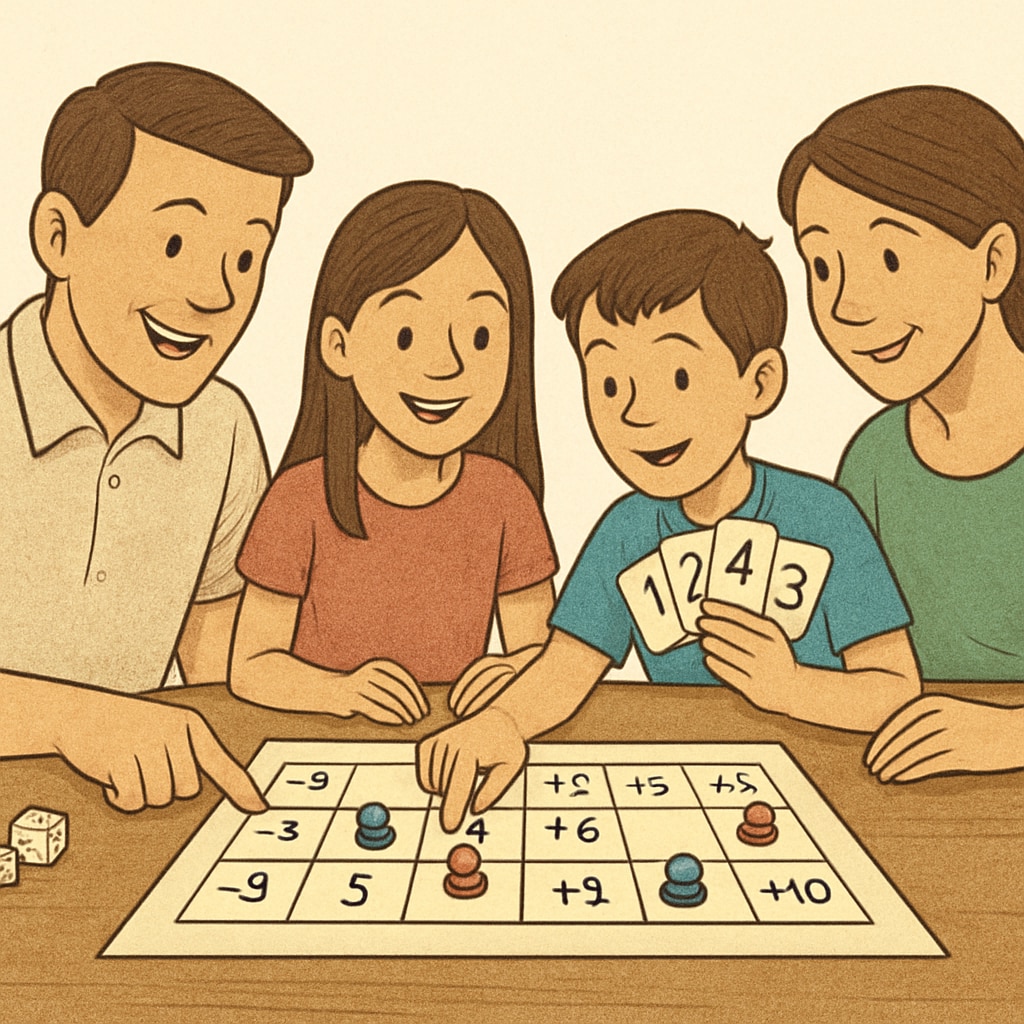 A family playing a math-based board game together, smiling and interacting. Family enjoying math education through games, fostering motivation and communication.