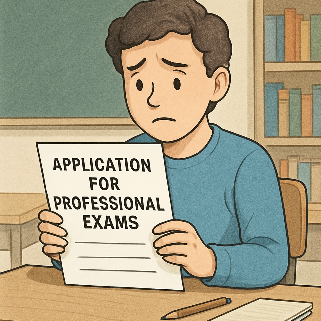Concerned student holding application form for professional exams and unpaid school fees.