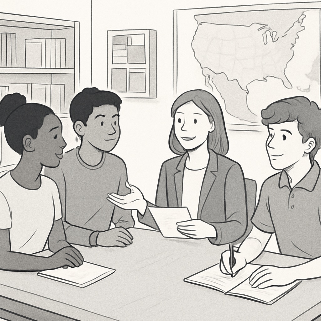 A group session at a study abroad agency where students are discussing university options in the U.S. Students consulting a study abroad agency about U.S. master's programs.