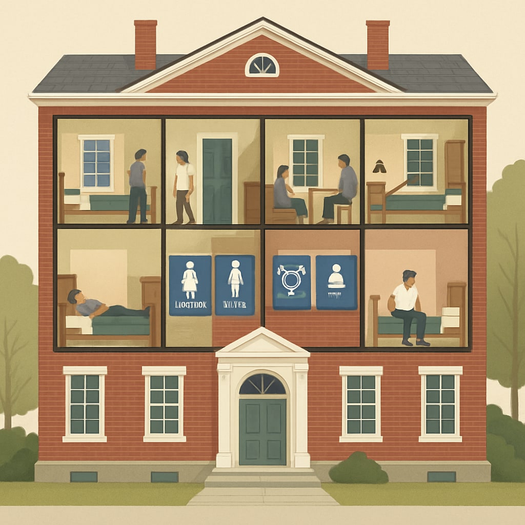 A campus dormitory at Brown University, symbolizing the challenges transgender students face in housing accommodations. Brown University dormitory depicting challenges for transgender students in housing.