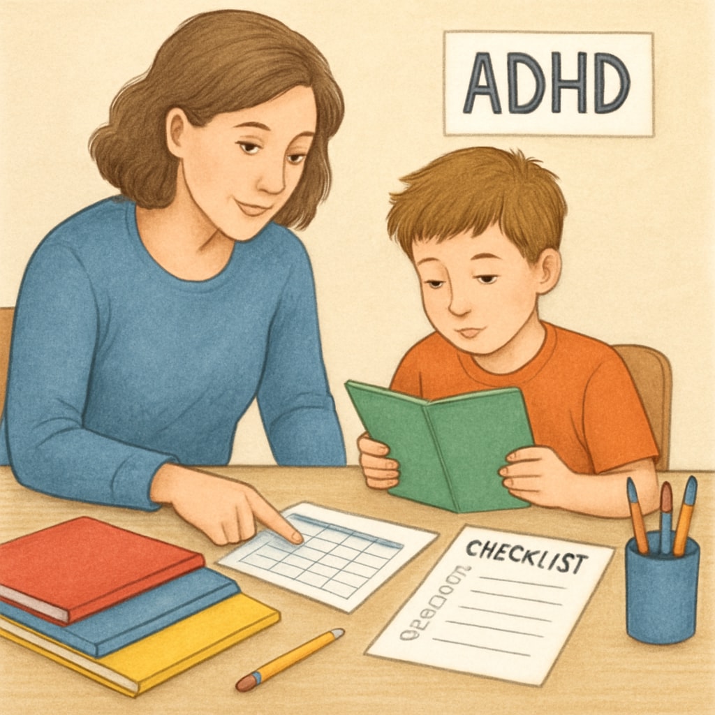 A parent assisting a child with ADHD in organizing their schoolwork, showcasing the importance of executive function strategies. Parent helping a child with ADHD improve executive function skills.