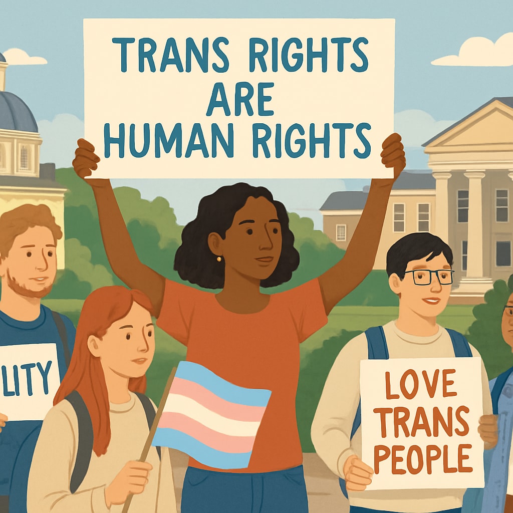 Students protesting for transgender rights at a university campus, reflecting the broader fight for inclusivity. Students protesting for transgender rights, symbolizing the demand for gender inclusivity in education.