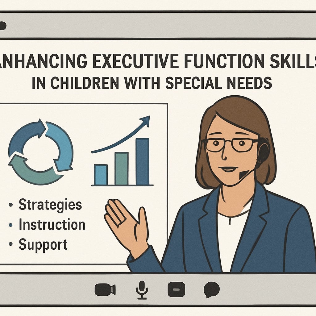 A virtual conference session featuring a speaker discussing executive function strategies for children with special needs. Online summit presentation on executive function for ADHD and ASD.