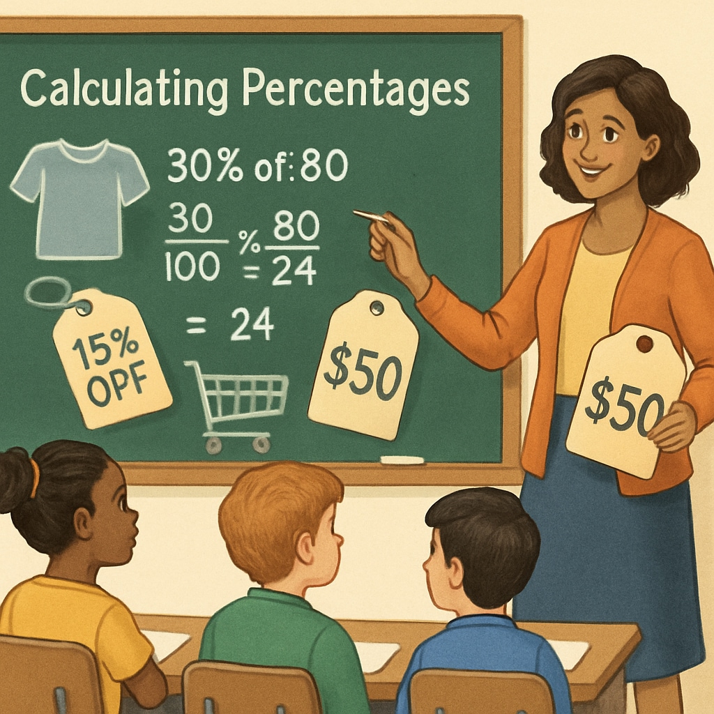 A vibrant classroom setting where a teacher demonstrates real-life applications of math, such as calculating percentages during a shopping activity. Teacher explaining real-life math applications to students in a classroom setting