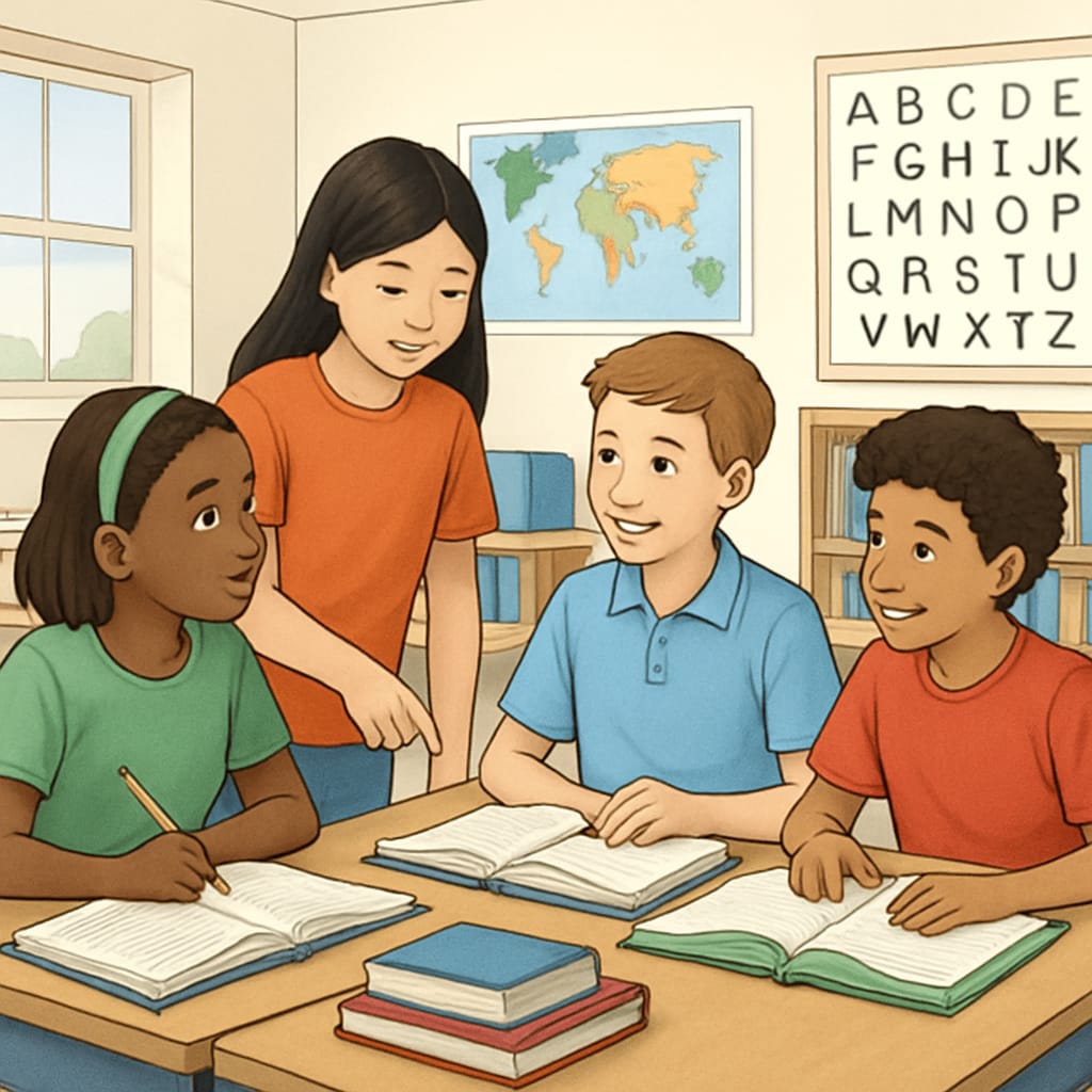 A diverse group of K12 students engaged in collaborative learning in a classroom setting. K12 students learning together in a classroom as part of a research project on effective methods.