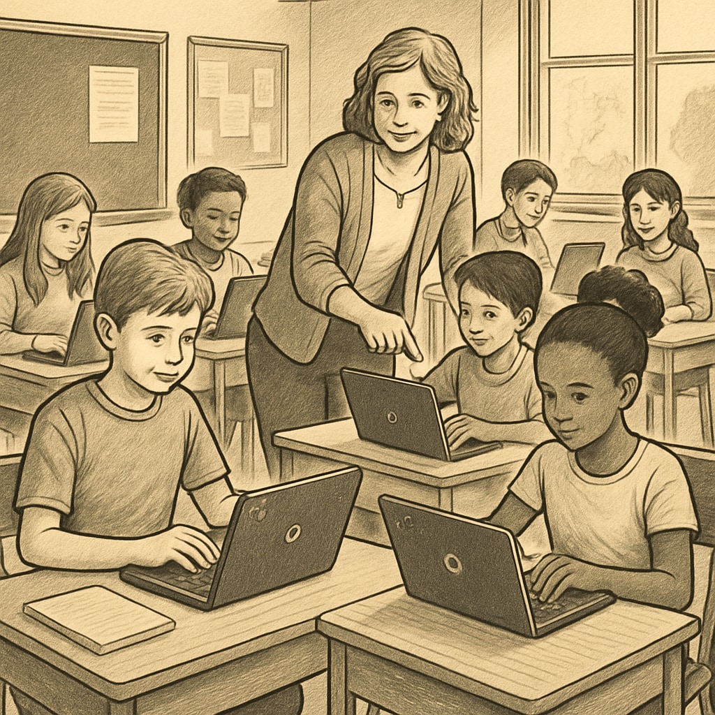 Students using Chromebooks in a classroom setting, highlighting education technology.