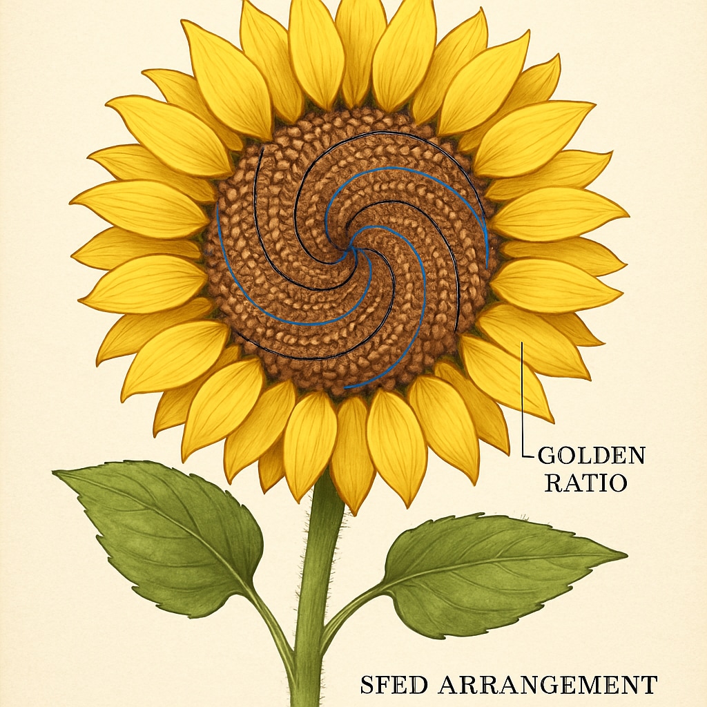A close-up of a sunflower displaying the Golden Ratio in its seed arrangement, illustrating the beauty of mathematical patterns in nature. Sunflower showing the Golden Ratio in its seed arrangement